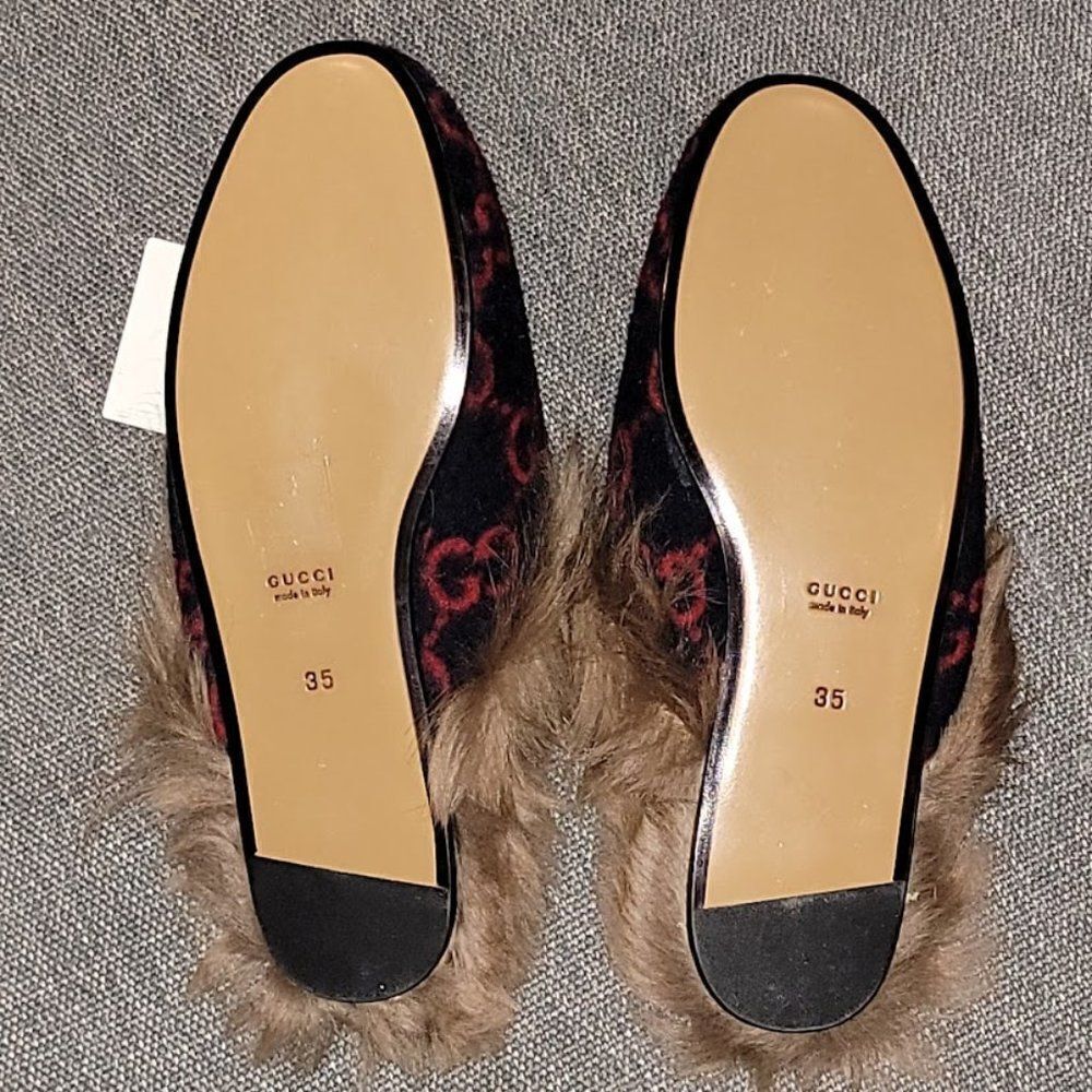 Gucci Women Blue Red & Wool GG Monogram Fur Princetown Mule Slippers 35 - Picture 9 of 16